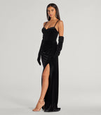 Inez Beaded Applique Velvet Formal Column Dress With Gloves
