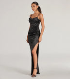 Iliana Cowl Neck High Slit Satin Column Dress